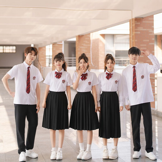 冉艺岚初中学生朗诵合唱演出服小学毕业班服套装高中生学院风运动会校服 女白短袖+深灰短裙+灰柄领结 送 均码 xs