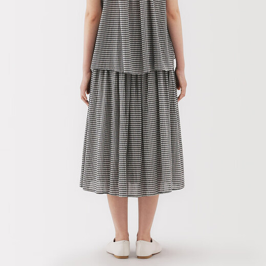 无印良品（MUJI）女式 强捻 抽褶裙 长半身裙女裙子女装格子裙25年夏季BE1VEC5S 黑色格纹 M （160/66A）