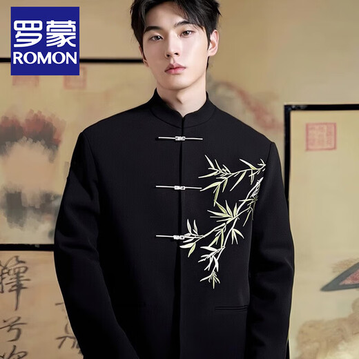 ROMON New Chinese Style Engagement Suit for Men Spring and Autumn New Embroidered Mao Suit Toast Suit Men's Dress Groom's Suit Black Suit XL (161Jin Jin equals 0.5kg -180Jin Jin equals 0.5kg)