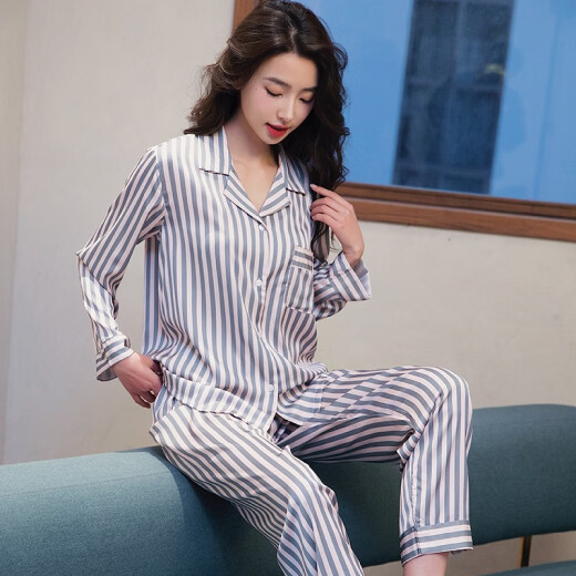 梦特娇（MONTAGUT）2025年新款睡衣女春秋款冰丝长袖条纹开衫翻领时尚网红居家服套装 xe双长6625#绿条纹 均码 m