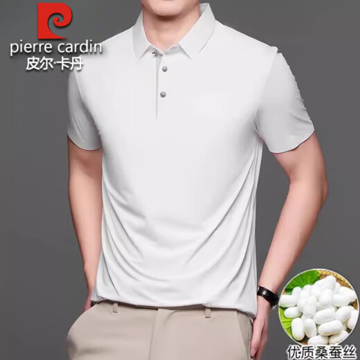 Pier Cardin high-end 100% mulberry silk short-sleeved T-shirt for men's summer high-end business and casual young and middle-aged silk Polo shirt white 1050 L 170 recommended weight 121-135 Jin [Jin equals 0.5 kg]