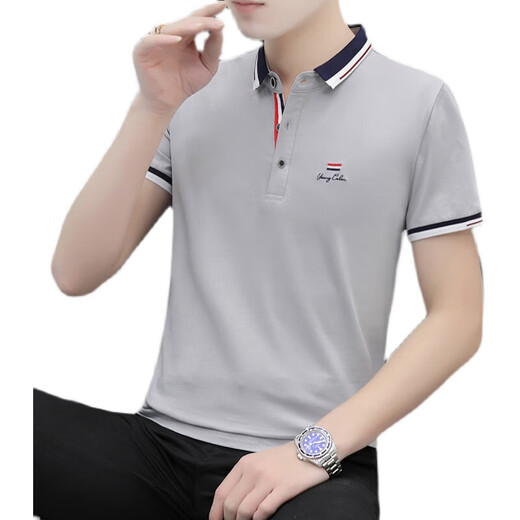 夏季男士翻领短袖t恤男潮流polo衫中年立领半袖体恤 673粉色 XL 120-135斤