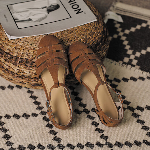 
Asacho Sheepskin Roman Sandals Women's Flat Fashion Shoes New Summer Box Soft Sole Mary Jane Shoes Women's Hollow Women's Leather Shoes Brown 6175 37