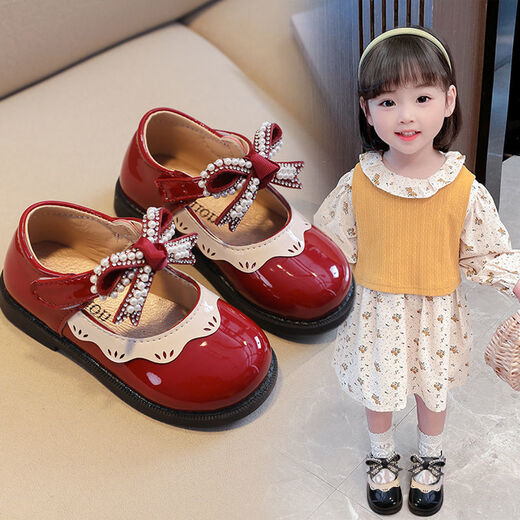 G.duck Little Yellow Duck Girls Leather Shoes 2026 New Spring and Autumn Soft Sole Baby Princess Shoes Children's Shoes Non-Slip Girls Single Burgundy H615 21 / Inner Length 13.5cm
