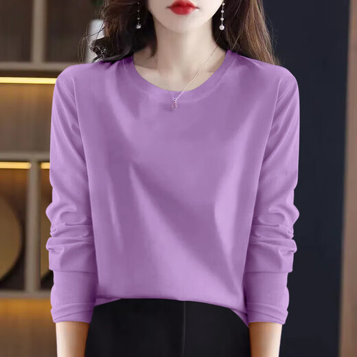 Skin-friendly pure cotton, spring and autumn women's pure cotton long-sleeved T-shirt, new Korean version, versatile bottoming shirt, large size outer wear, purple, 3XL size, recommended 135-150Jin Jin equals 0.5 kg