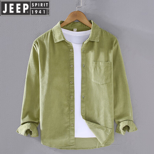 JEEP SPIRIT春季灯芯绒衬衫男长袖纯棉宽松薄款日系条绒感白休闲衬衣外套 抹茶绿【9716】 M