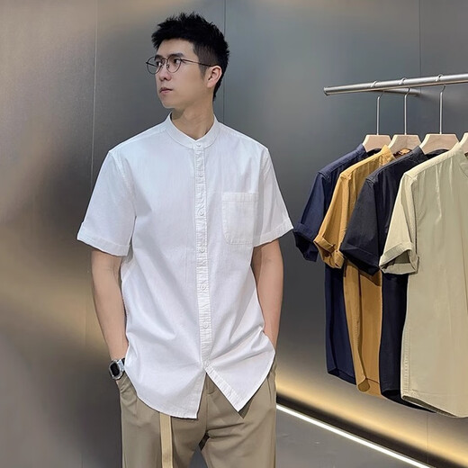 Chenhao summer ice silk cool cotton and linen light luxury style Henry collar short shirt trendy men's dark pattern Korean style no-iron handsome short shirt white XL suitable for 130-150Jin Jin is equal to 0.5 kg