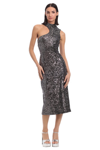 Donna Morgan Women's Asymmetrical Bodycon Cutout Velvet Sequin Cocktail Dress, Black/Silver Black/Silver 14