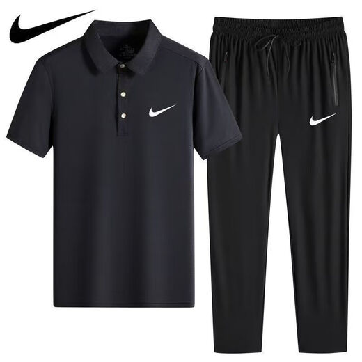 NBA KIDS-NIKE冰丝POLO衫速干休闲运动装短袖T套装薄款翻领男士长裤两件装 耐克-黑色(直筒套装)1396 耐克-XL 100-120斤