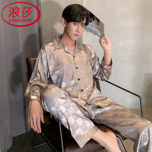 浪莎（LangSha）轻奢高端睡衣男夏季长袖冰丝加肥加大码斤宽松简约韩版家居服 795#GG红色 L (105-120斤)