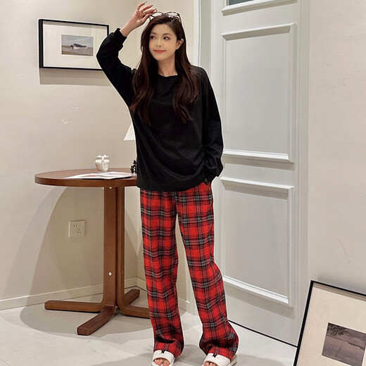 S.SOFEA春秋女睡衣两件套黑红格子家居服 长袖套NY897红小格 170 M(80-100斤)
