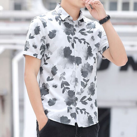 皮尔卡丹（pierre cardin）夏季新款印花短袖衬衫男士潮牌潮流休闲商务衬衣修身帅气男装寸衫 ZY829蓝色 M  【90-105斤】