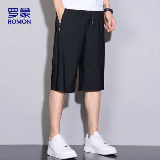 罗蒙（ROMON）运动短裤男夏季透气薄款宽松休闲跑步沙滩裤七分裤ZH9877黑色M