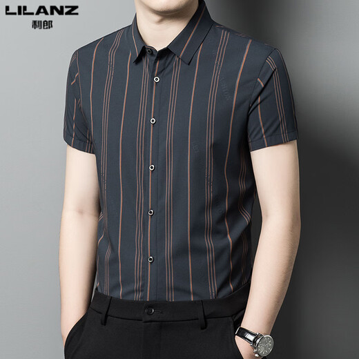 利郎2025夏季新款利郎男装短袖衬衫男士商务休闲寸衫条纹凉丝修身免烫衬衣2025 深灰2603 M 165