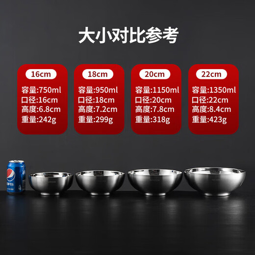 美厨（MAXCOOK）大汤碗面碗 316L不锈钢双层防烫泡面碗沙拉冷面碗家用加厚防摔 22cm MCWA9898