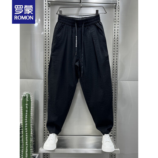 罗蒙（ROMON）2025夏季新款棉麻超薄透气垂感休闲裤男士潮流宽松褶皱哈伦萝卜裤 黑色 4XL 建议190210斤