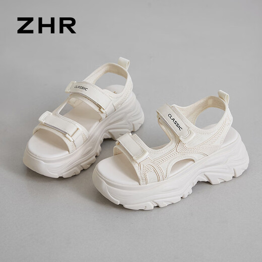 ZHR凉鞋女厚底增高小个子拼接女鞋魔术贴运动女鞋 G750 米色  36 