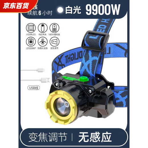 头灯强光超长续航2025公牛超亮充电头戴式户外变焦远射夜钓鱼 无感应9900w 待机续航100小时 内