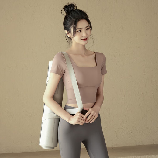 ACKDCS yoga wear with chest pad, short-sleeved women's summer Pilates training fitness top, running sports T-shirt S pink short-sleeved + sea rock gray pants Suit with stand M Recommended 95-110Jin Jin equals 0.5 kg
