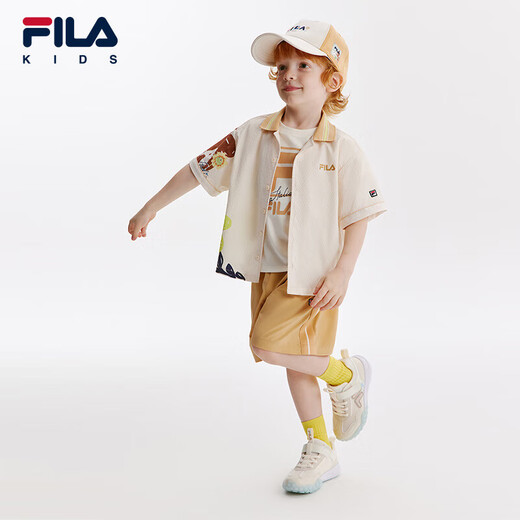 Fila Fila Children's Clothing Children's Casual Comfortable Tops 2024 Autumn Boys' Woven Short-Sleeved Shirt Trendy Maltose White-IV 120 cm