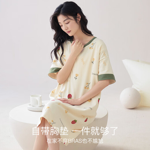 莫代尔带胸垫睡裙女纯色棉夏款中长款连衣裙免文胸大码莫代尔睡衣女家居 719带胸垫睡裙 高质纯.棉 防凸不 2XL 175