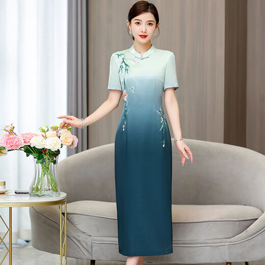 黛娜娅（Dainaya）旗袍女2024春夏季新款中式大码女装中国风日常改良复古连衣裙1585 青碧渐变色 S