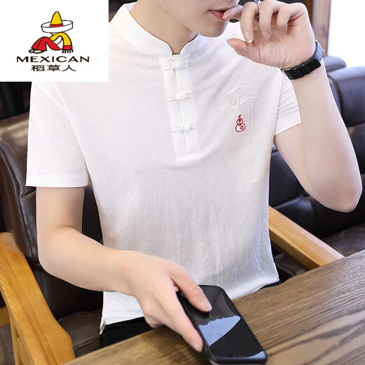 Scarecrow summer embroidered stand-collar T-shirt for men short-sleeved retro Tang suit Chinese style men's half-sleeved trendy brand ice silk trend 9193 green 2XL 125-145Jin [Jin equals 0.5 kg]