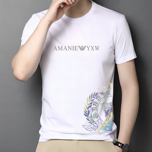 阿玛尼夏季冰丝棉短袖T恤男200斤大码半袖男士简约体恤 AM759白色 M 90-120斤