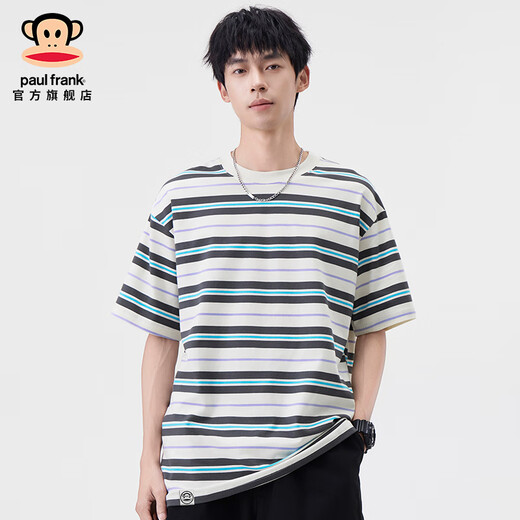 大嘴猴（paul frank）美式潮牌条纹男士短袖T恤春夏季薄款宽松圆领弹力百搭男装体恤衫 绿色698D【官方正品】 L 【建议125-140斤】
