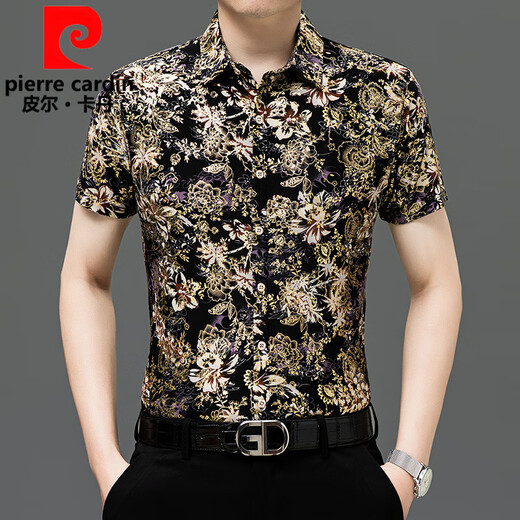 皮尔卡丹（pierre cardin）2025夏季新款男士冰丝短袖衬衫烫金中老年印花弹力抗皱花上衣薄款 9898款 M 100-120斤