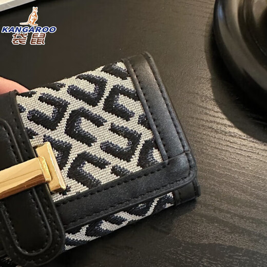 袋鼠（KANGAROO）小众帆布钱包女短款时尚复古流行感多卡位搭扣折叠长款手拿包 黑色短款