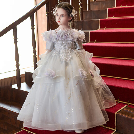 晴其主持人礼服女童生日宴绝美高端轻奢小众儿童公主裙花童钢琴演 浅灰色 110 均码