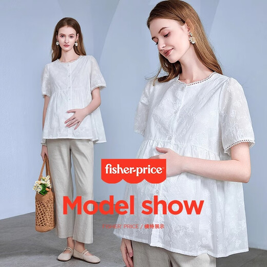 
Fisher-Price Fisher Maternity Summer Top Maternity Shirt Summer Thin Maternity Pants Pure Cotton Doll Shirt Summer Set White Short Sleeve Shirt L