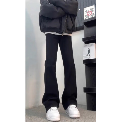 POUM黑色弯刀柳叶牛仔裤男春秋夏季款潮流显瘦美式高街直筒微喇裤子男 DFFS-701黑色 XL