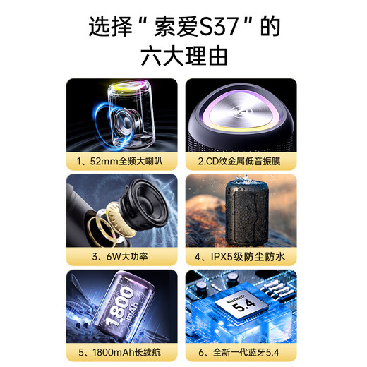 Sony Ericsson (soaiy) S37 small Bluetooth speaker outdoor car mini portable waterproof high-quality collection audio computer speaker subwoofer player gift black