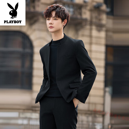 Playboy New Style Mao Suit Men's Handsome Slim Stand Collar Suit National Style Wedding Jacket Youth Casual Small Suit Suit Black Suit (Top + Pants) XL (125-140Jin Jin equals 0.5kg)