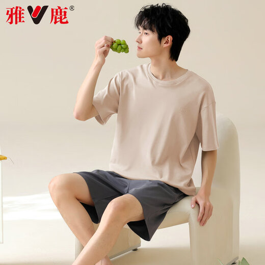 雅鹿男士睡衣男纯棉夏季薄款短袖全棉可外穿休闲大码男生家居服套装 42M13603 3XL 【推荐体重160-180斤】