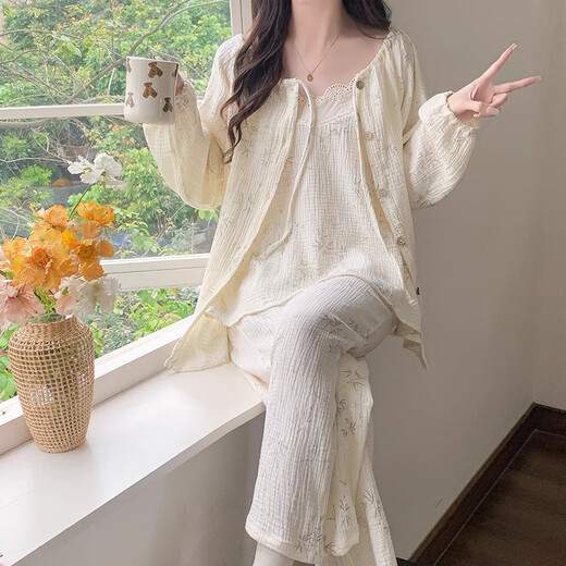 梦特娇（MONTAGUT）云朵棉睡衣女春秋季长袖吊带三件套可爱树叶纯欲风家居服2025新款 tfn#f9929 5XL m建议75-95斤