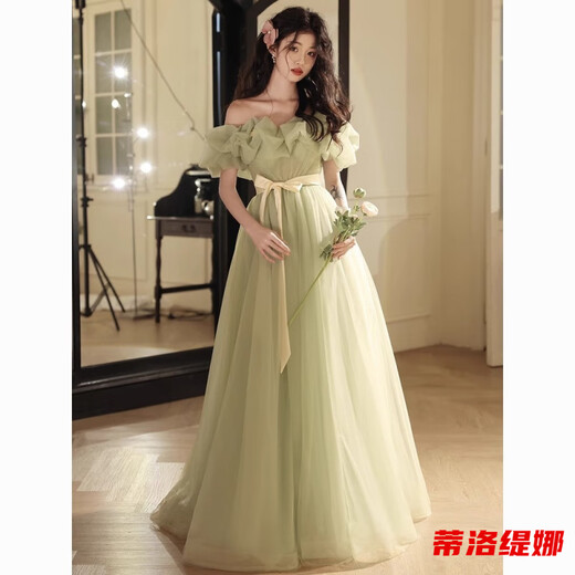 Tilotina one-shoulder evening dress high-end light luxury niche elegant and grand banquet performance graduation adult ceremony dress female green S