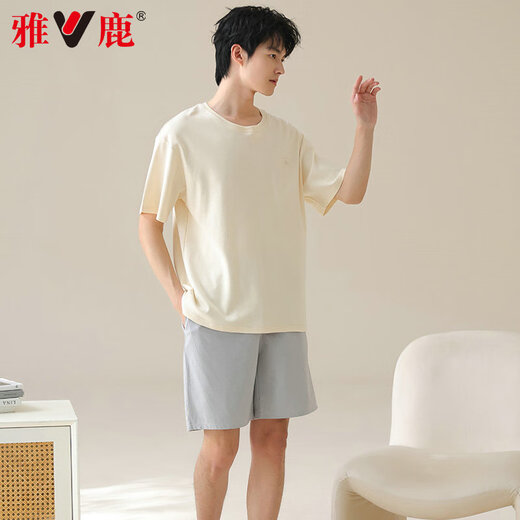 雅鹿男士睡衣男纯棉夏季薄款短袖全棉可外穿休闲大码男生家居服套装 42m13601 3XL  推荐体重160-180斤