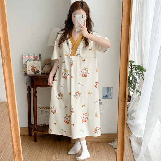 Cao Jingjia Sommer kurzärmelige schwangere Frauen Nachthemd mit Brustpolster Schwangerschaft Pyjamas 2025 Neue Style-Krankenhäuser können beim Betreten des Kreislaufraums qSy16820 kurzärmelige Rock 3xL Größe empfohlenes Gewicht 148-180jin [Jin Equals Equals 0,5 kg] tragen.