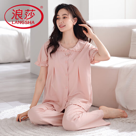 LangSha pajamas (LangSha) women's pure cotton sweet age-reducing with chest pads and feels temperament loose short-sleeved trousers princess style home clothes 694 shrimp powder (with chest pads) M [Suggested 90-110Jin [Jin equals 0.5 kg]]