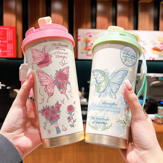Yonghuan Schmetterling Thermalbecher Edelstahl großer Kapazität Strohhalm Tragbarer Wasserbecher Mädchen 2025 Hochgeprägter Kaffeetasse Antike weiße BXAD6197 Schmetterling 520 ml gepackt Edelstahl