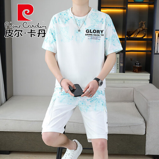 皮尔卡丹（pierre cardin）2025夏季新款短袖套装男中青年百搭短裤休闲运动两件套渐变色男装 6187蓝色 XL