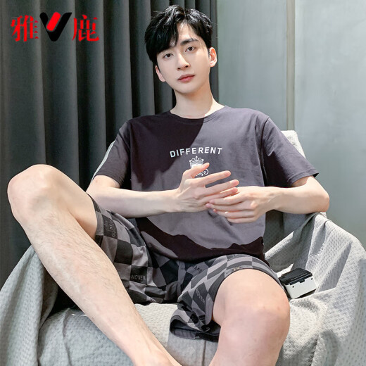 雅鹿睡衣男夏季短袖短裤棉质青少年初中学生套装男款家居服胖子4XL HDE9928 L