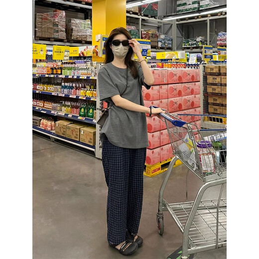 Hualin Mode koreanischer Stil T-Shirt Pyjamas Frauen lose karierte Hosen Heimkleidung Casual Anzug 2025 683 Kurzer und langer Festkörperplaid 175 L