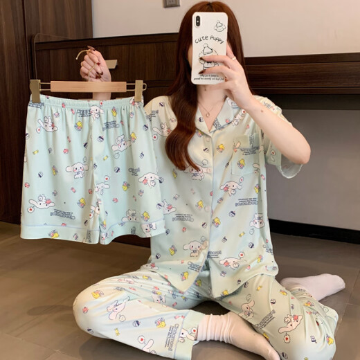Pajama de primavera y verano de Hanrui para mujeres seda de seda de leche de dibujos animados de tres piezas ropa casera 14118 170 m