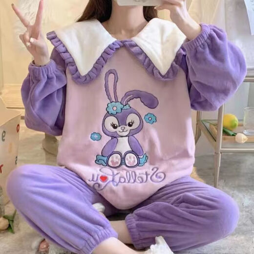 FHHUABD睡衣女秋冬季法兰绒韩版甜美卡通公主风家居服珊瑚绒加厚保暖套装 【9928绒】绿色花边领 M