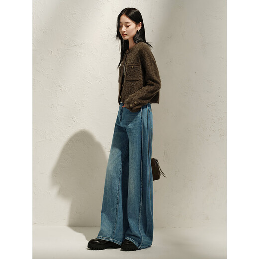 
Jiuzi Annako retro tannin Fengshui washing old heavy cotton denim scimitar pants for women 2025 spring new style blue-KWFC12109 S