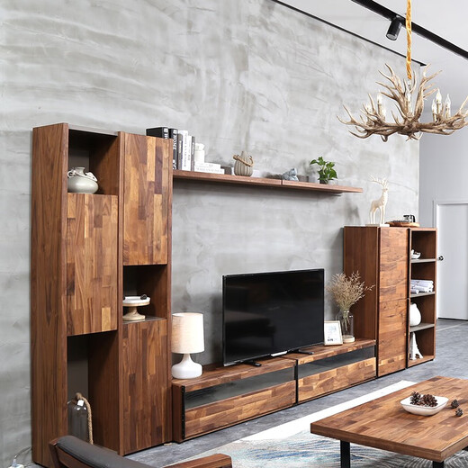 Muebles de Yichi Noah Mesa de té de nogal negro Combinación de la pared Sala de estar de madera sólida Gabinete lateral Gabinete de fondo de pared Gabinete vertical izquierdo 761*340*1950h